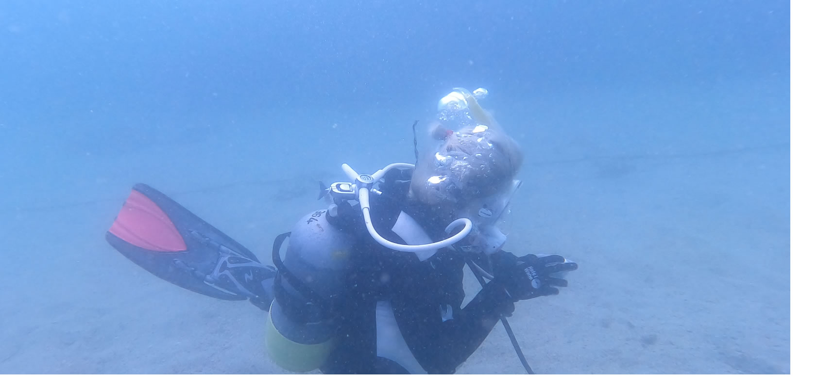 白浜の水中で泡に包まれながらポーズを取る参加者